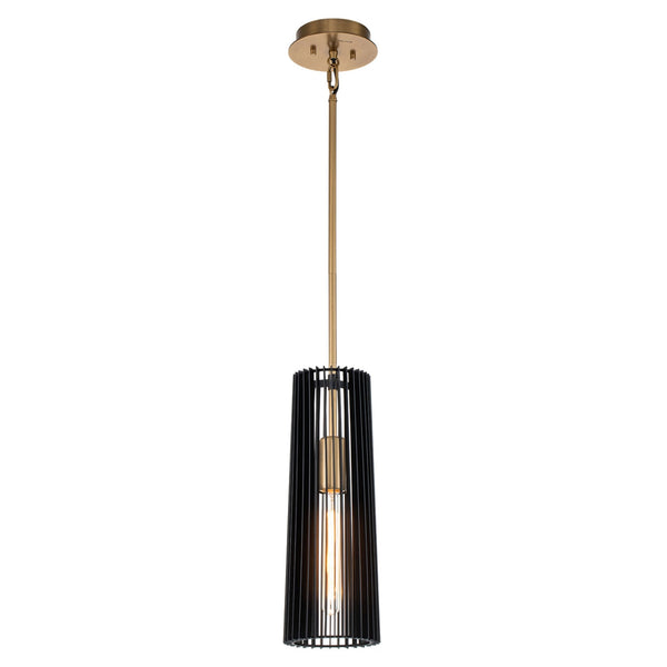 A sleek black and brass pendant light with a fluted shade, perfect for modern interiors.