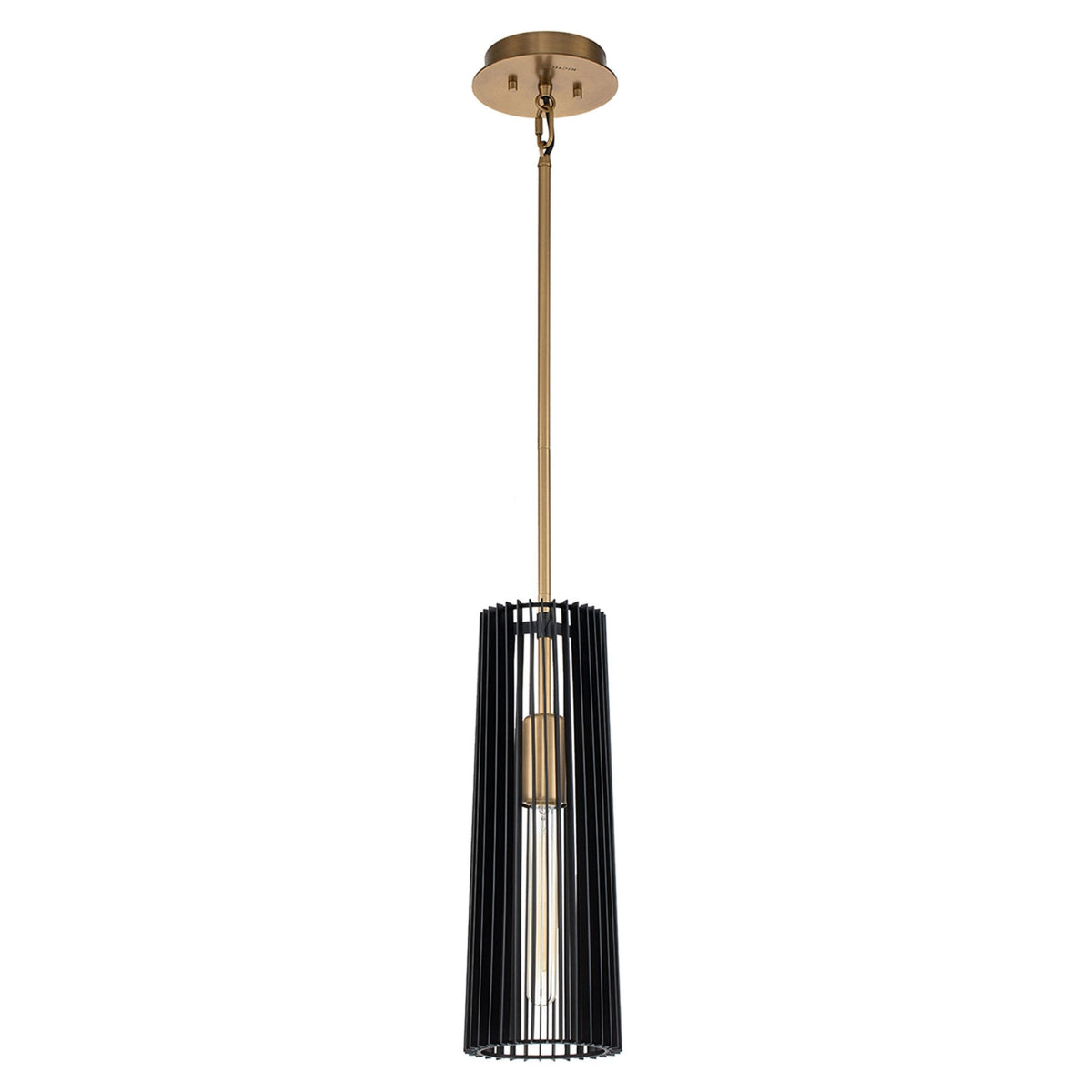 A sleek black and brass pendant light with a fluted shade, perfect for modern interiors.
