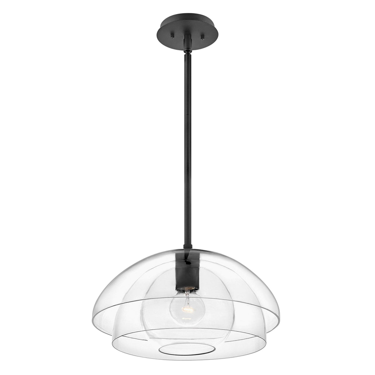 A modern black pendant light with clear, layered dome shades for soft, diffused lighting.