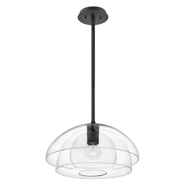 A modern black pendant light with clear, layered dome shades for soft, diffused lighting.