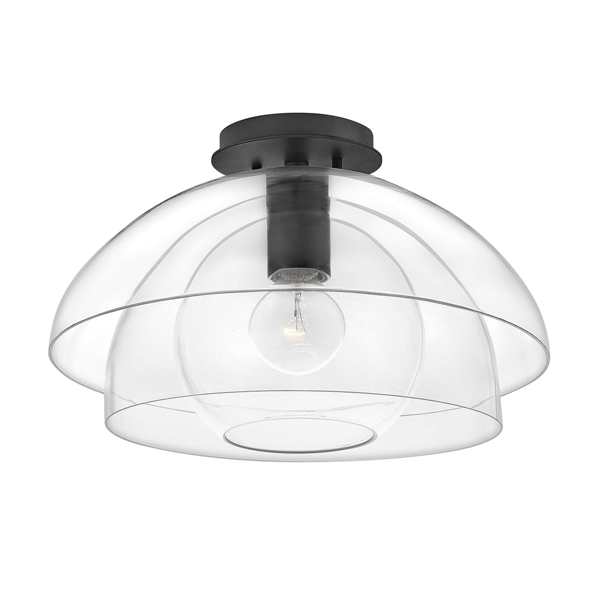 A contemporary black flush-mount ceiling light featuring transparent, stacked dome shades.