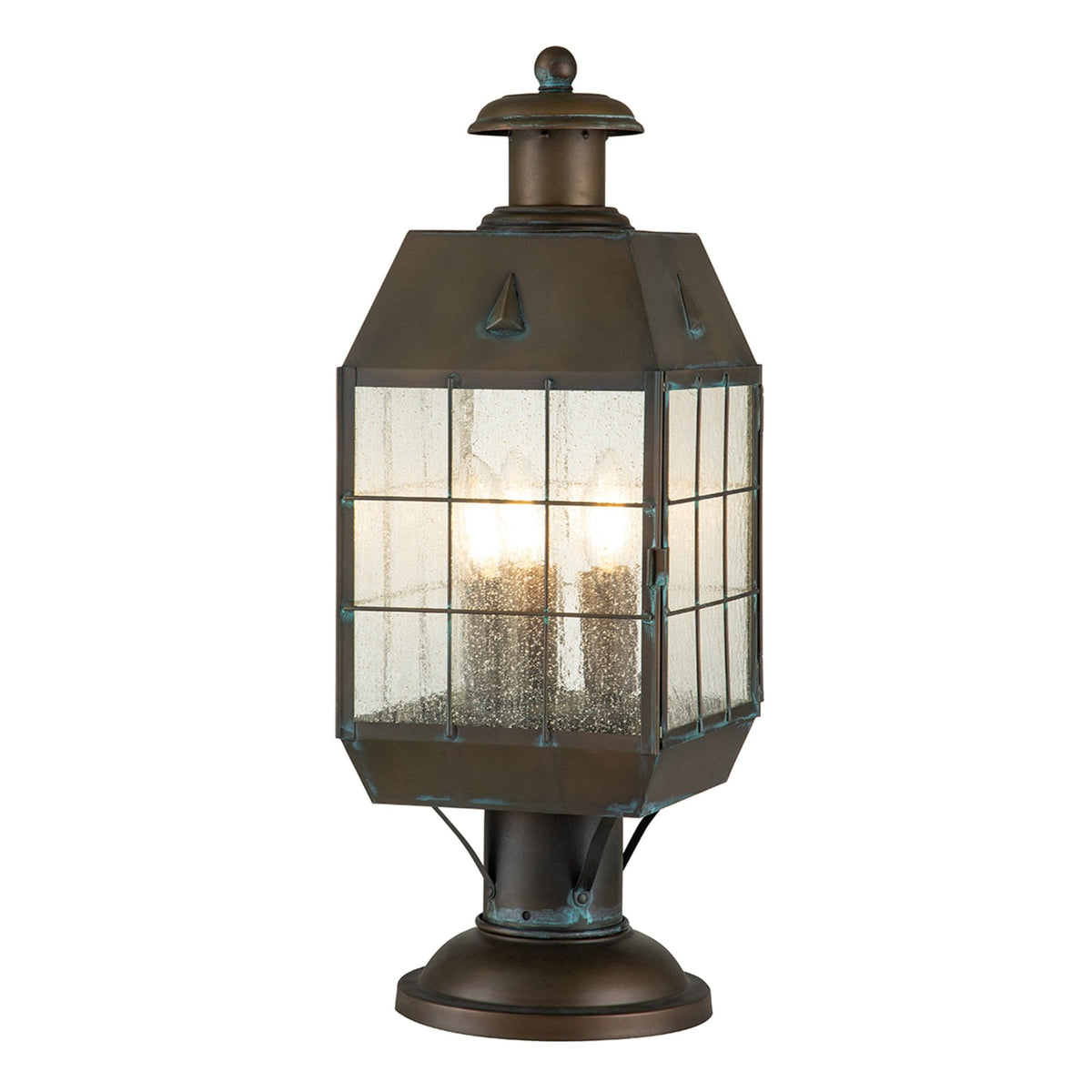 Nantucket Three Light Large Exterior Pedestal Lantern in Aged Brass