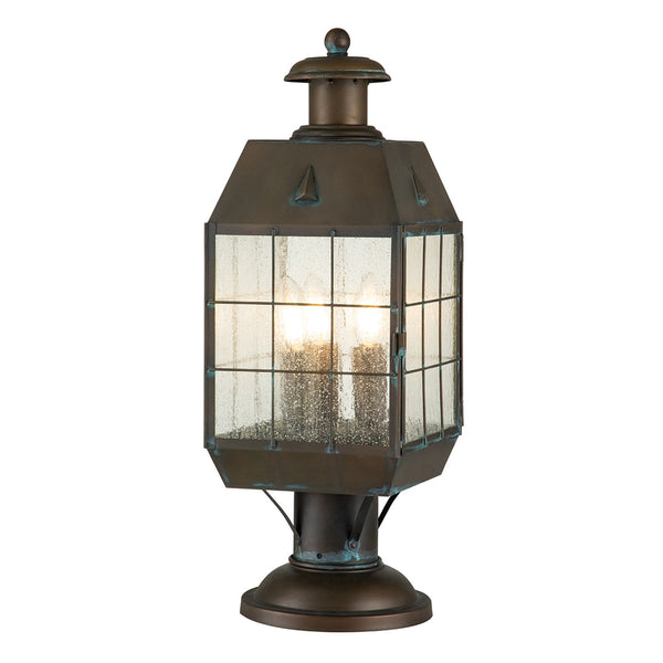 Nantucket Three Light Large Exterior Pedestal Lantern in Aged Brass