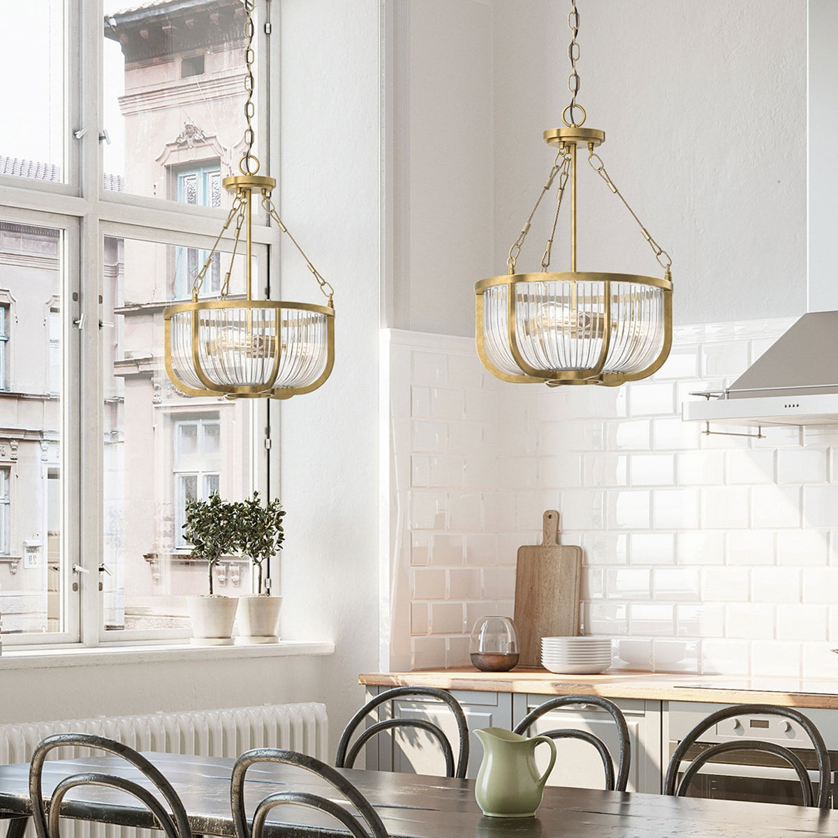 Roux Three Light Pendant or Semi Flush in Natural Brass