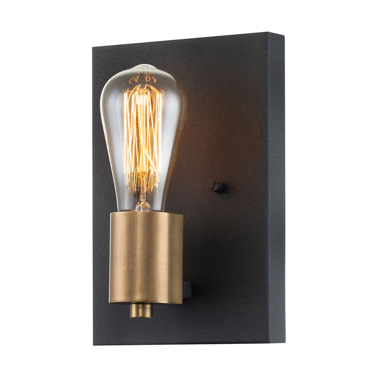A modern black wall light with a brass bulb holder and exposed filament bulb.