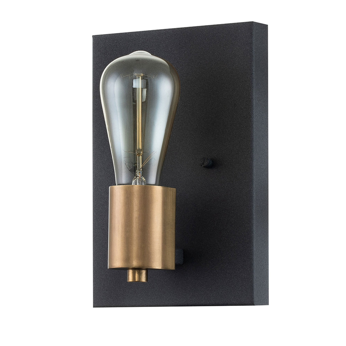 A modern black wall light with a brass bulb holder and exposed clear bulb.