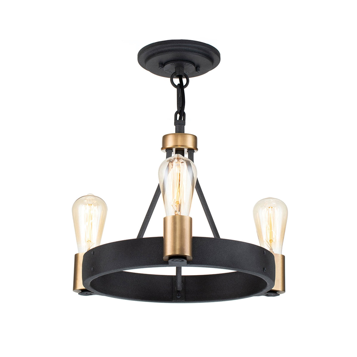 Silas Three Light Pendant or Semi Flush in Aged Zinc and Heritage Brass