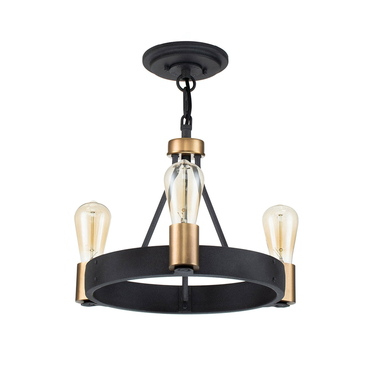 Silas Three Light Pendant or Semi Flush in Aged Zinc and Heritage Brass