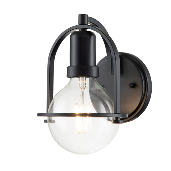 A black wall sconce with a clear glass globe and exposed filament bulb.