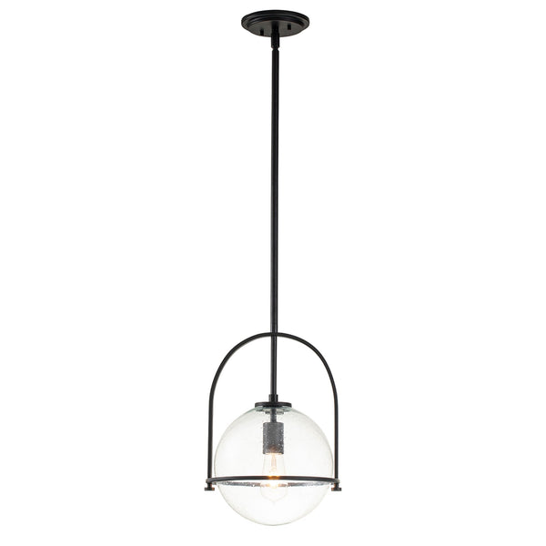 A modern black pendant light with a clear spherical glass shade on a white background.