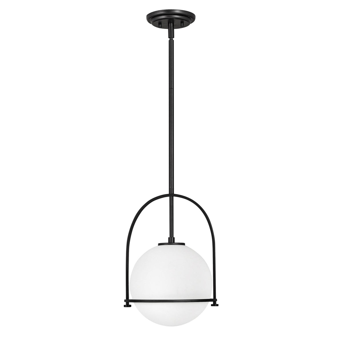 A black pendant light with a white spherical shade hanging from a ceiling mount.