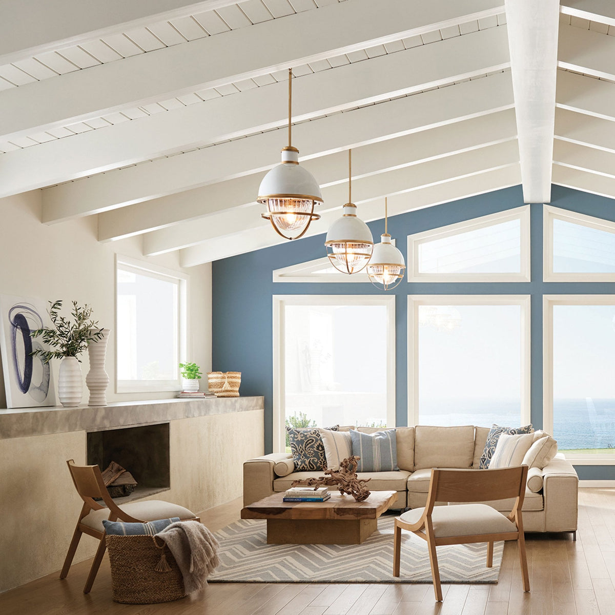 Tollis Pendant Light in Natural Brass & White