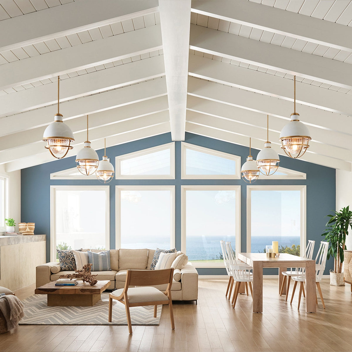 Tollis Pendant Light in Natural Brass & White