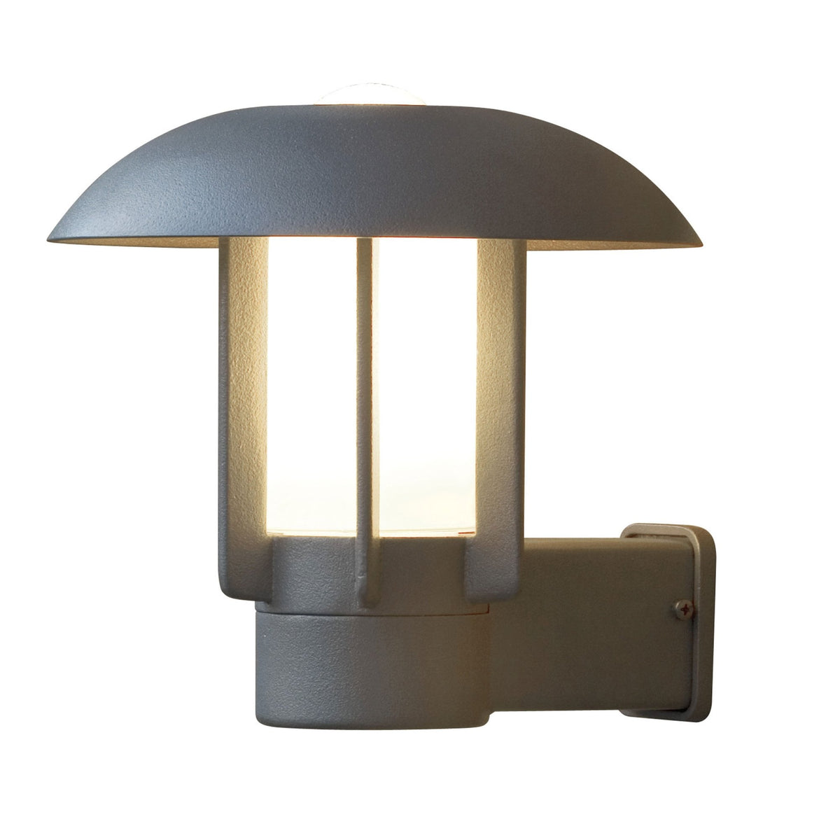 A modern grey outdoor wall light with a mushroom-shaped top, isolated on a white background.