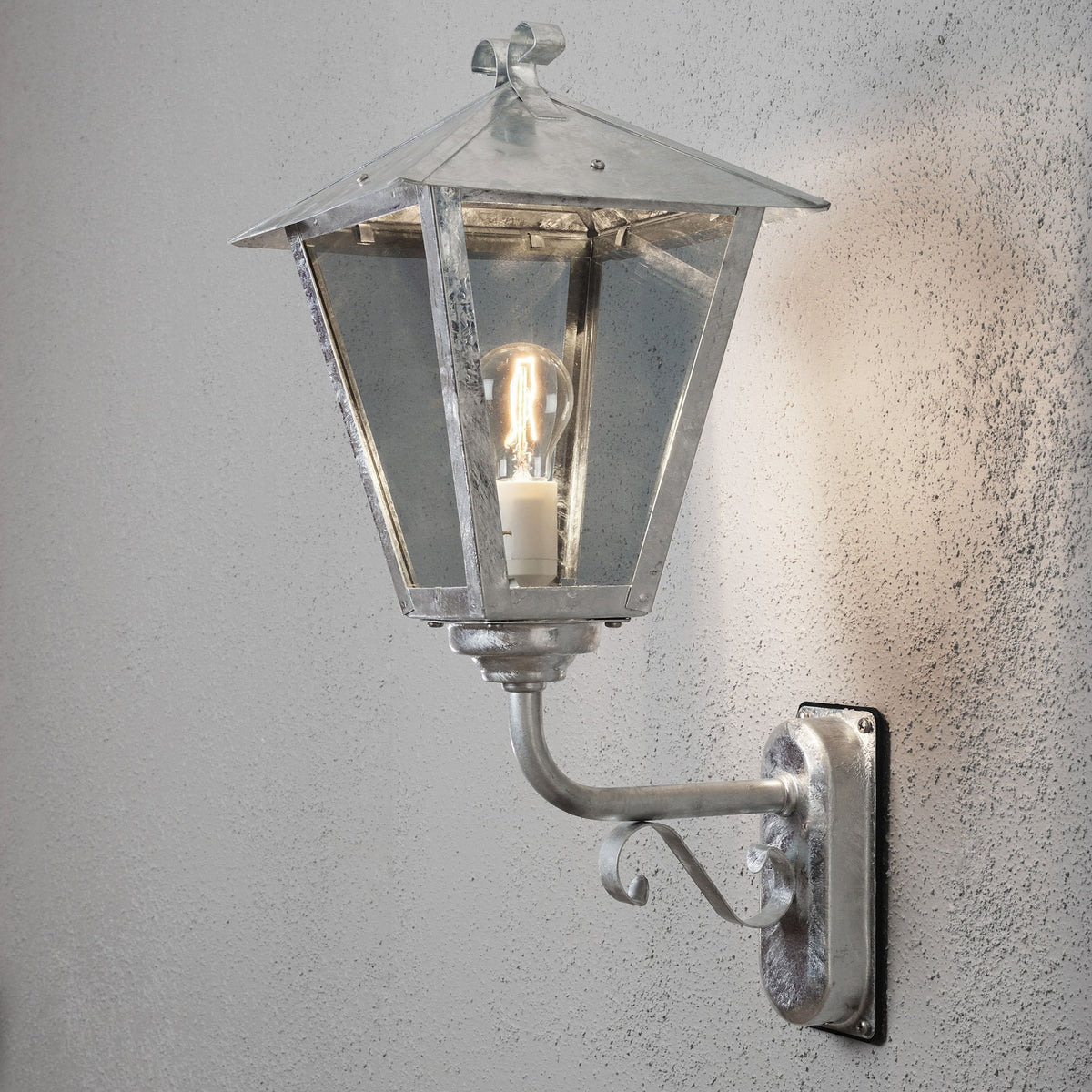 Benu Scroll IP23 E27 Up Wall Light in a Galvanized Finish