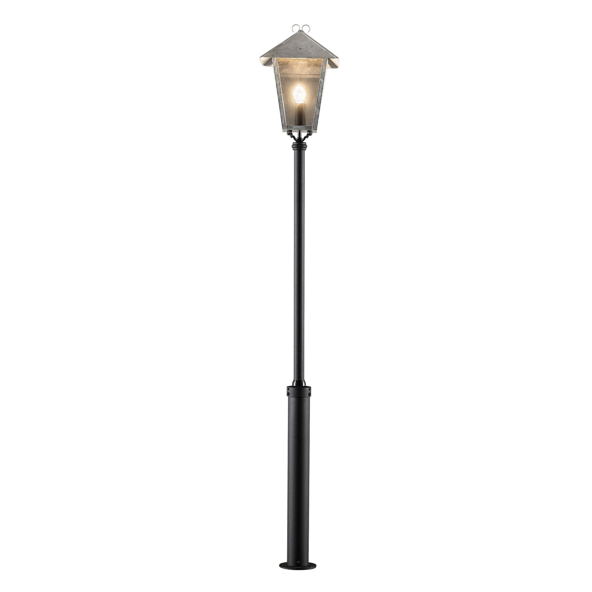 A stylish black lamp post with a clear glass lantern, ideal for outdoor lighting.