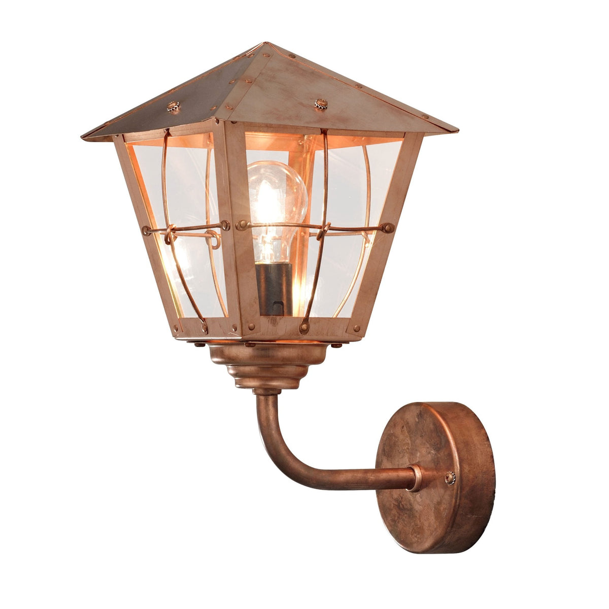 A single bronze outdoor wall light with a clear glass shade, isolated on a white background.