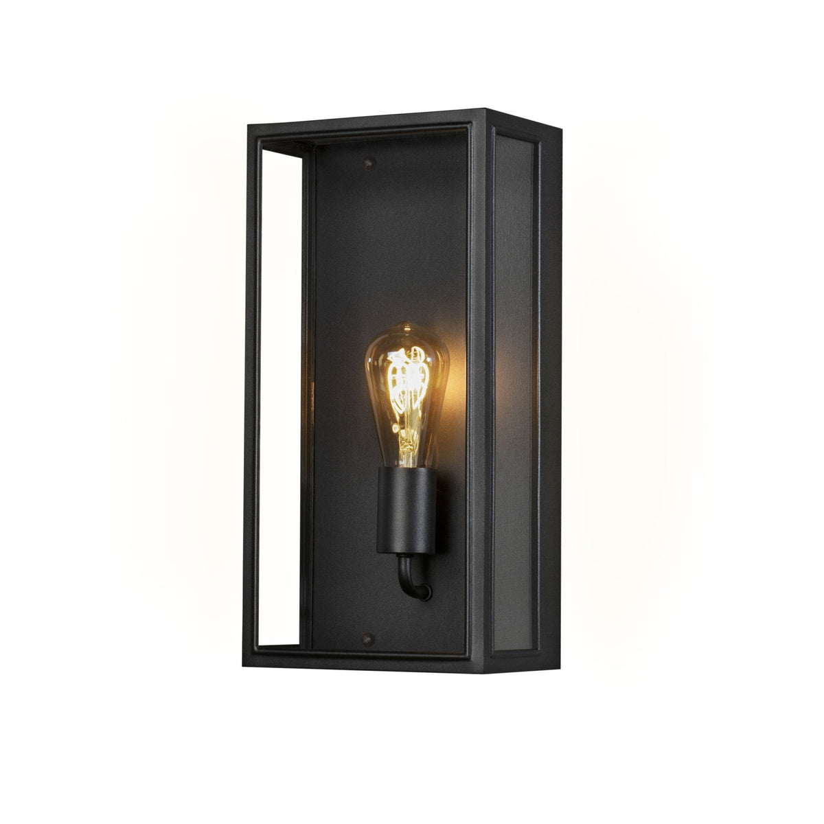 A black rectangular outdoor wall light with an exposed Edison bulb on a white background.