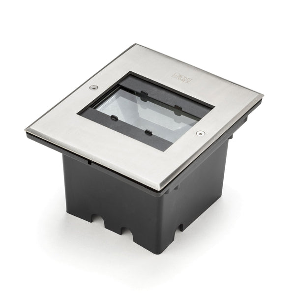 A square, silver-coloured ground light with a black base, perfect for outdoor illumination.