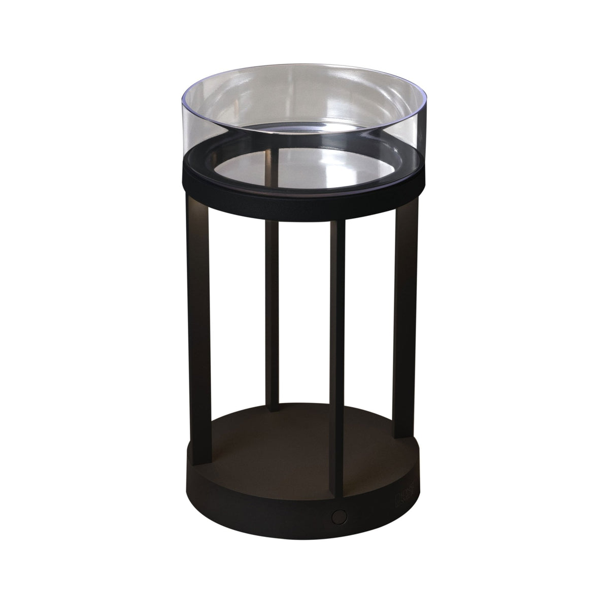 A sleek black lantern with a clear glass top, designed for modern outdoor spaces.