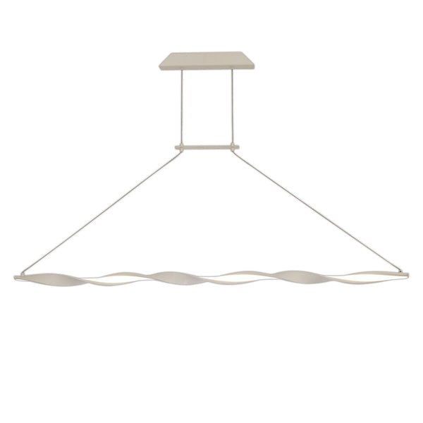 Wave-shaped pendant light with LED illumination, ideal for modern interior decor.