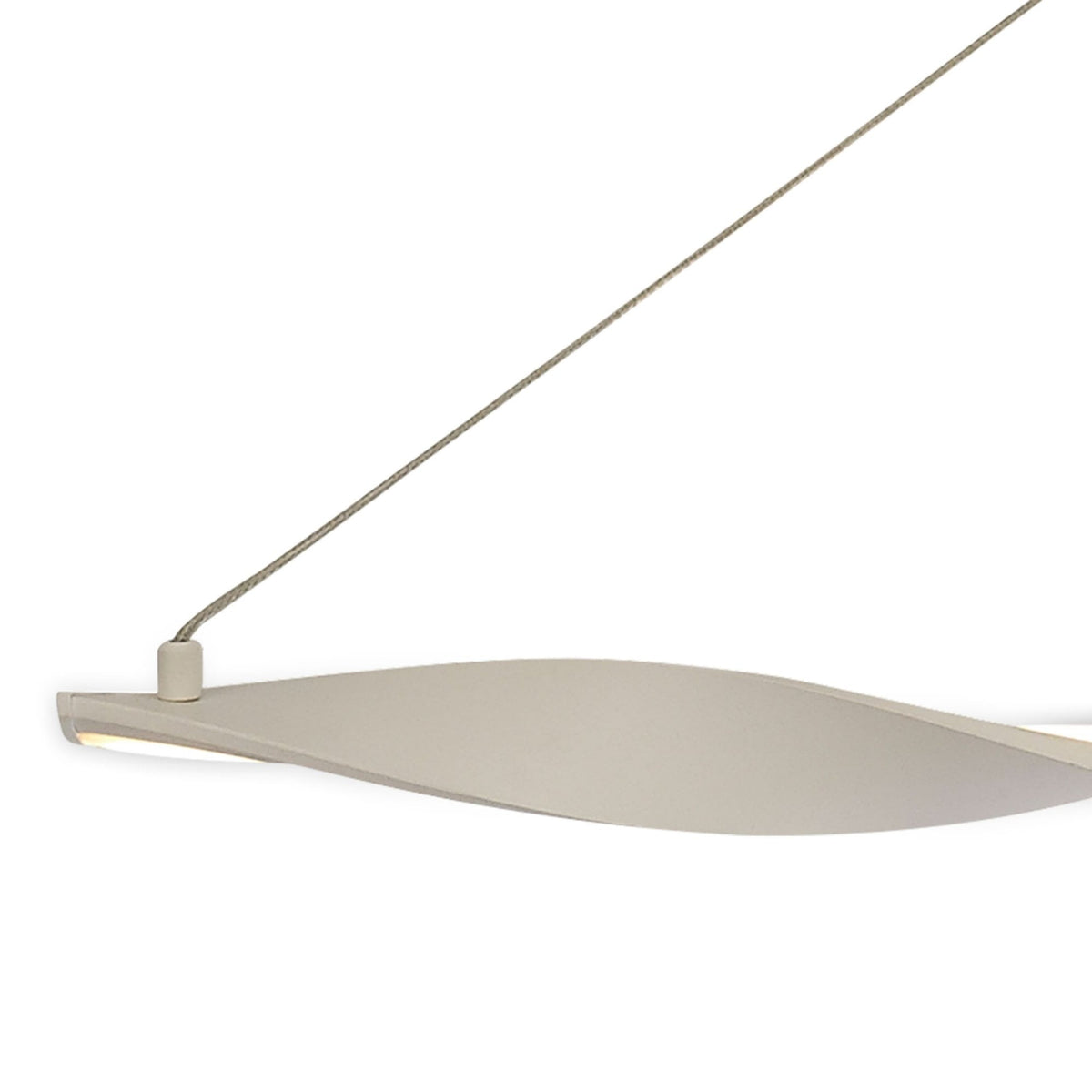 Close-up of a wave-shaped LED pendant light, highlighting its design and finish.