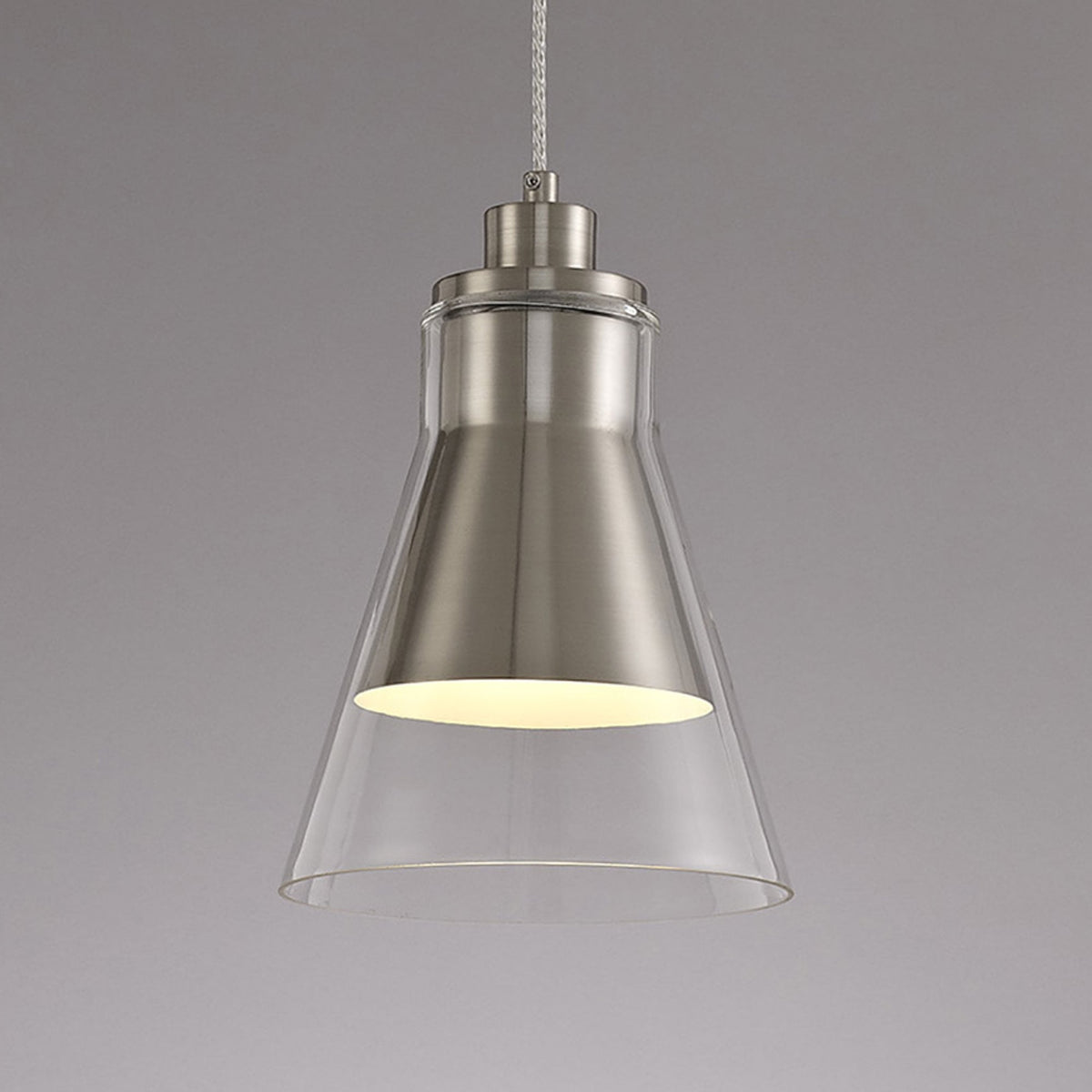 Huxham Single Pendant in Satin Nickel with Clear Glass