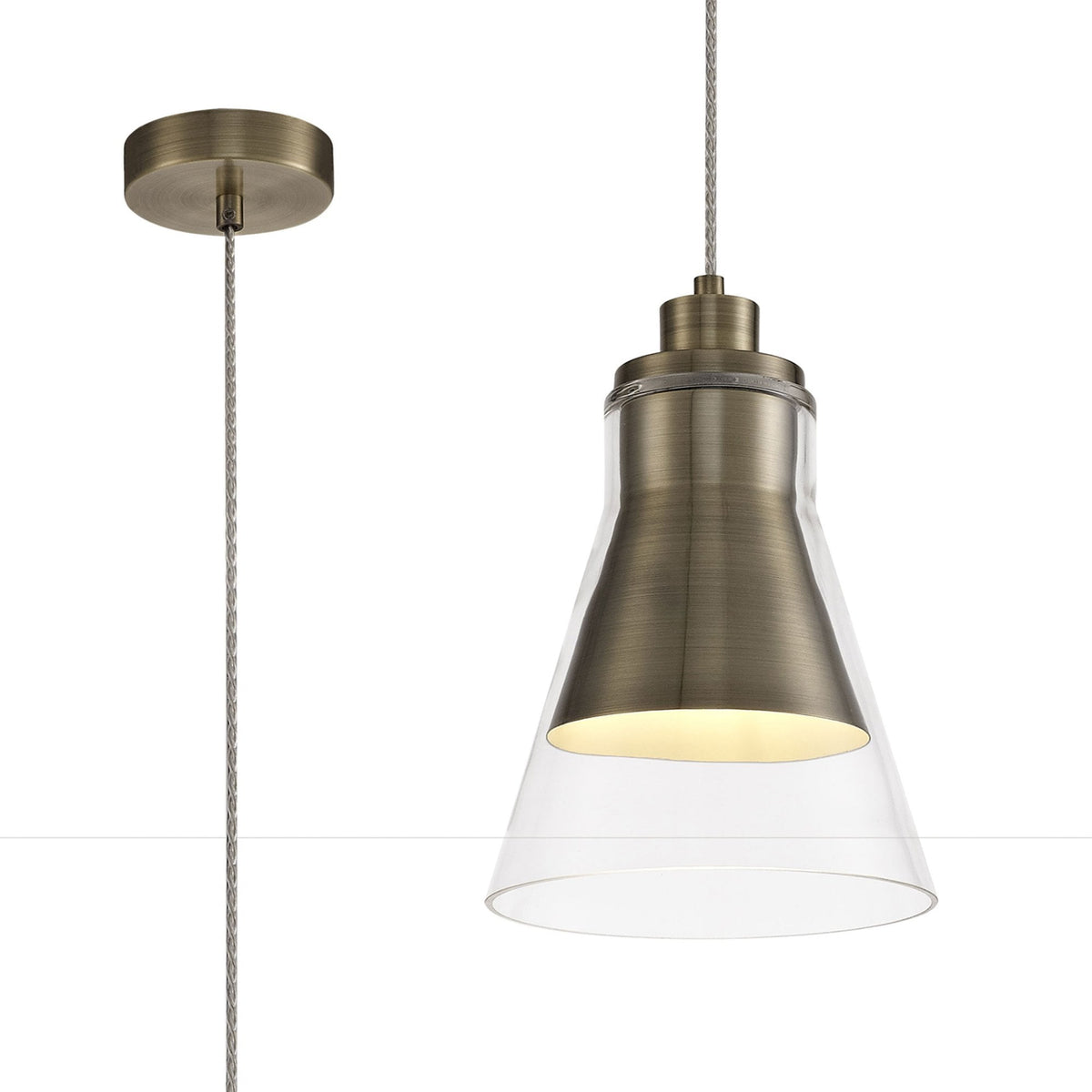 Huxham Single Pendant in Antique Brass with Clear Glass