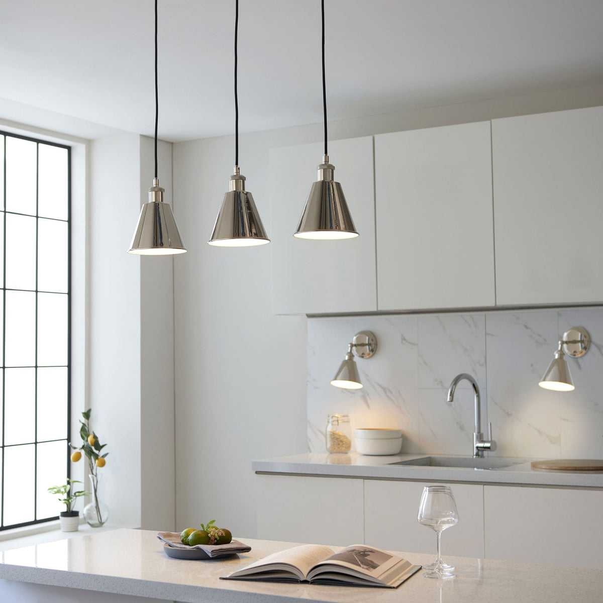 Hal Triple Drop Linear Pendant in Bright Nickel