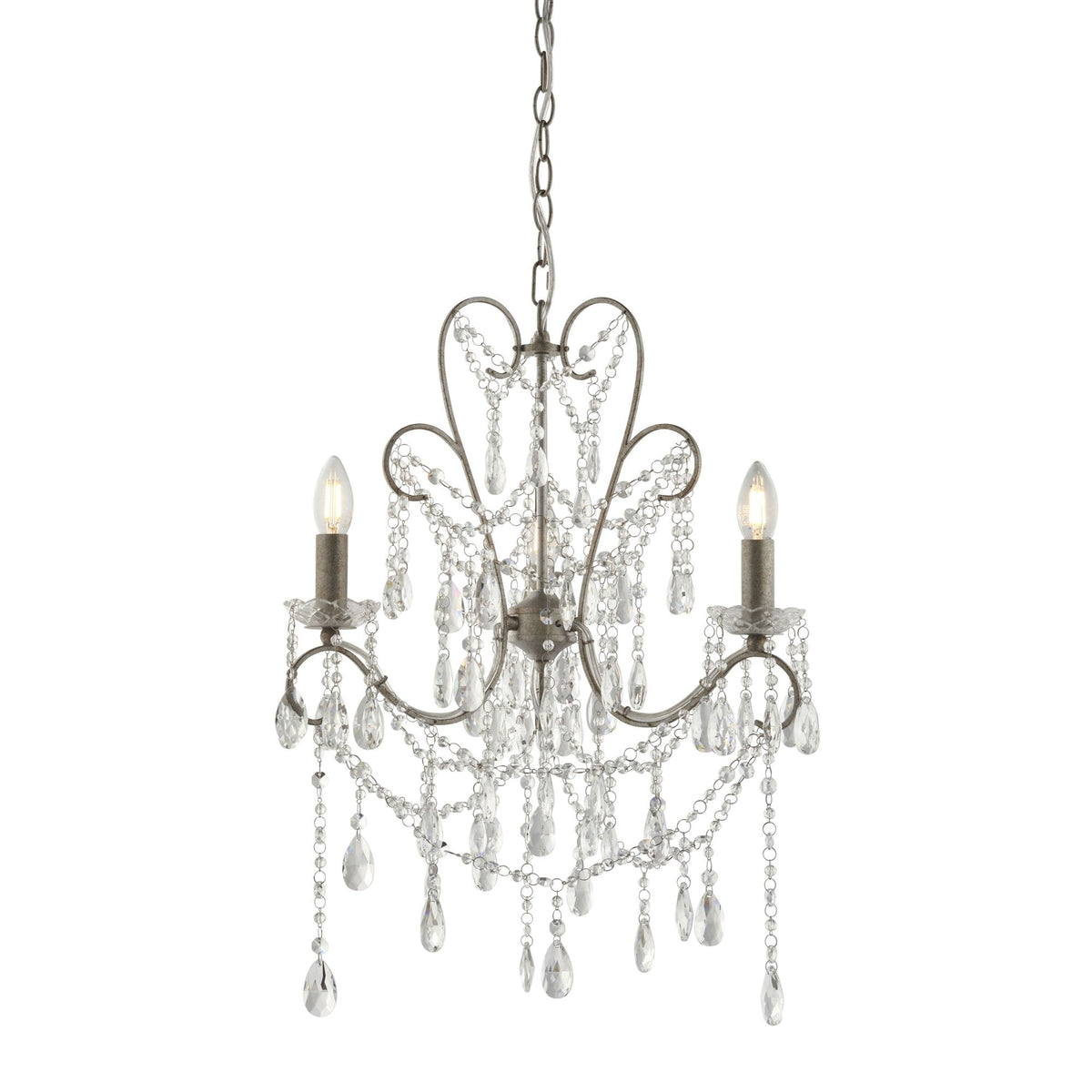 A two-light chandelier with crystal accents on a white background.