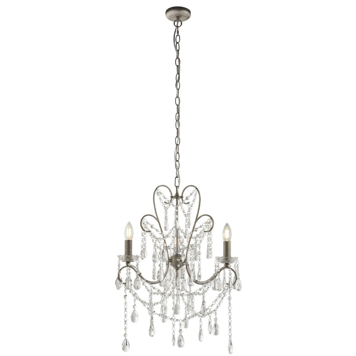 A two-light chandelier with crystal accents, shown with its full chain and ceiling rose.