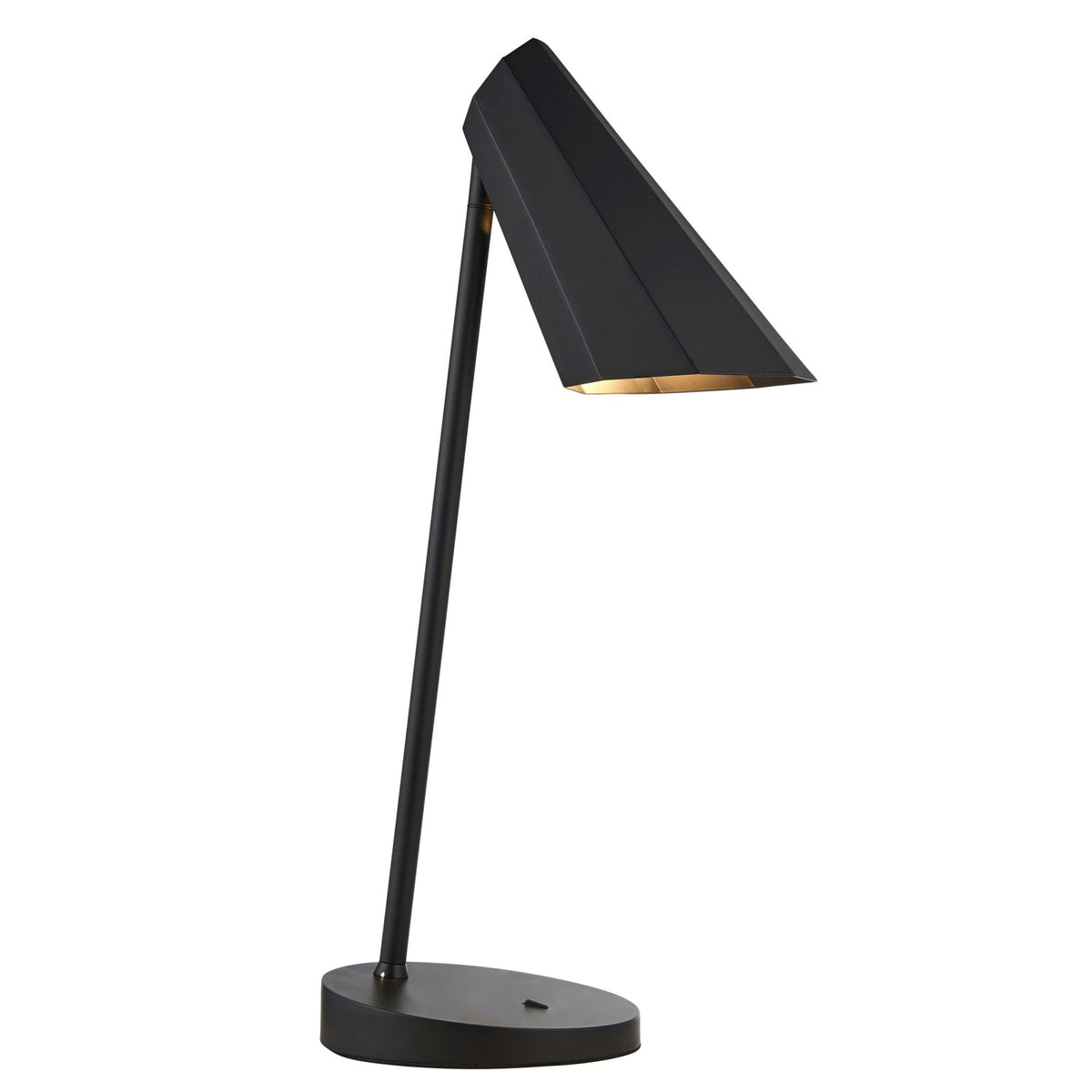 Sleek black desk lamp with a geometric shade and a round base.