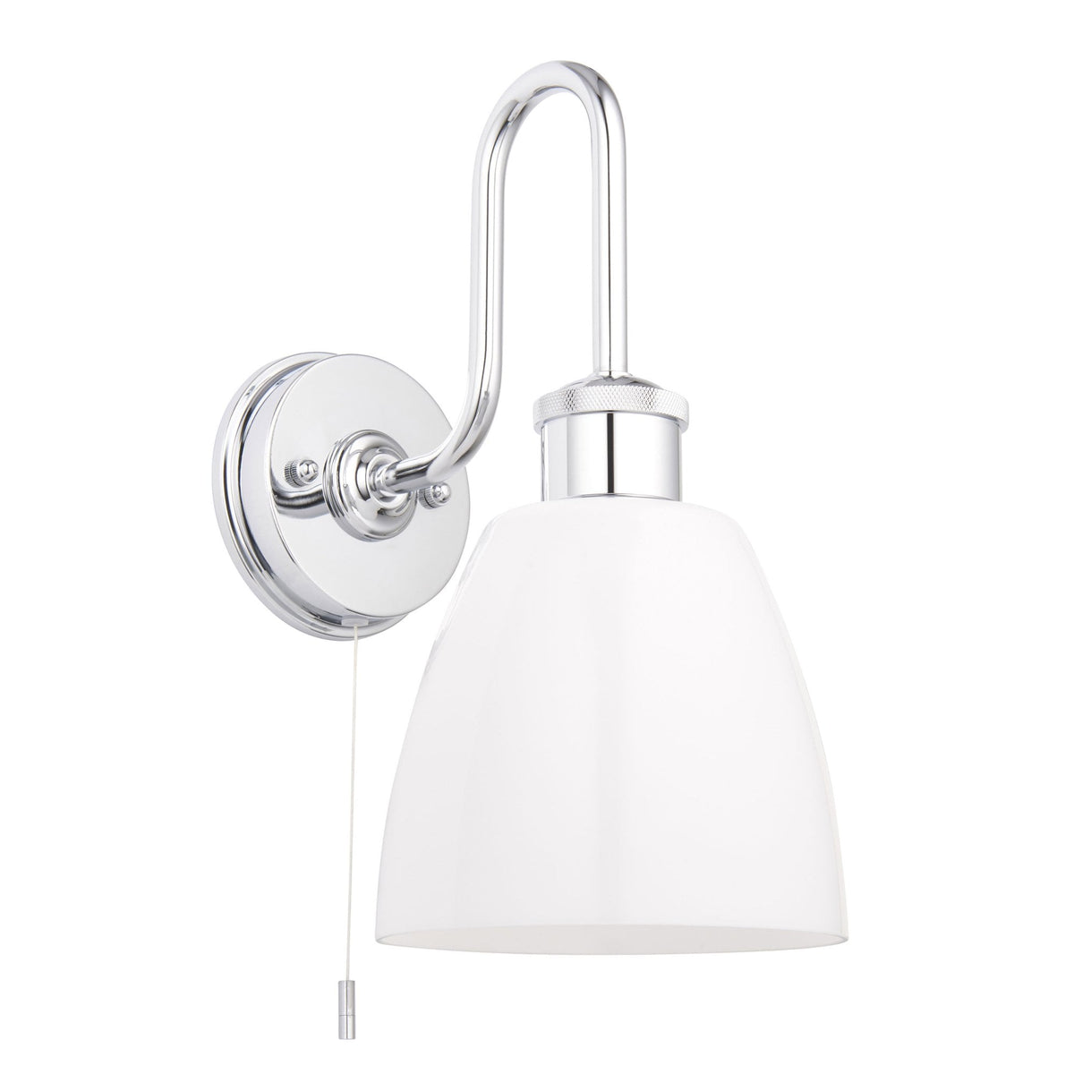 Chrome wall light with a curved arm, a white bell-shaped shade, and a pull cord switch on a white background.