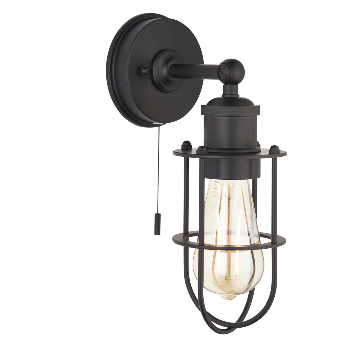 Black caged wall light with a clear exposed bulb and a pull cord switch, isolated on a white background.