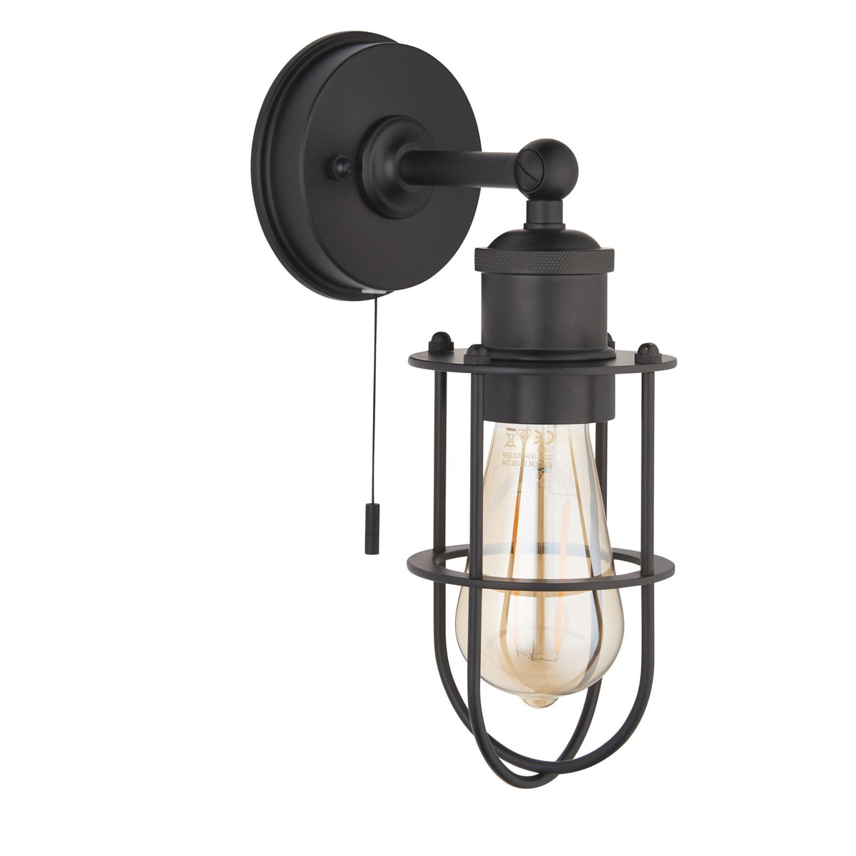 Black caged wall light with a clear exposed bulb and a pull cord switch, isolated on a white background.