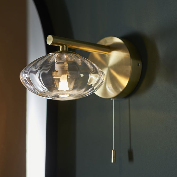 Mobias IP44 Switched Wall Light in Satin Brass & Clear Ribbed Glass