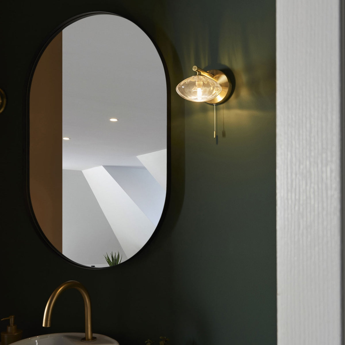 Mobias IP44 Switched Wall Light in Satin Brass & Clear Ribbed Glass