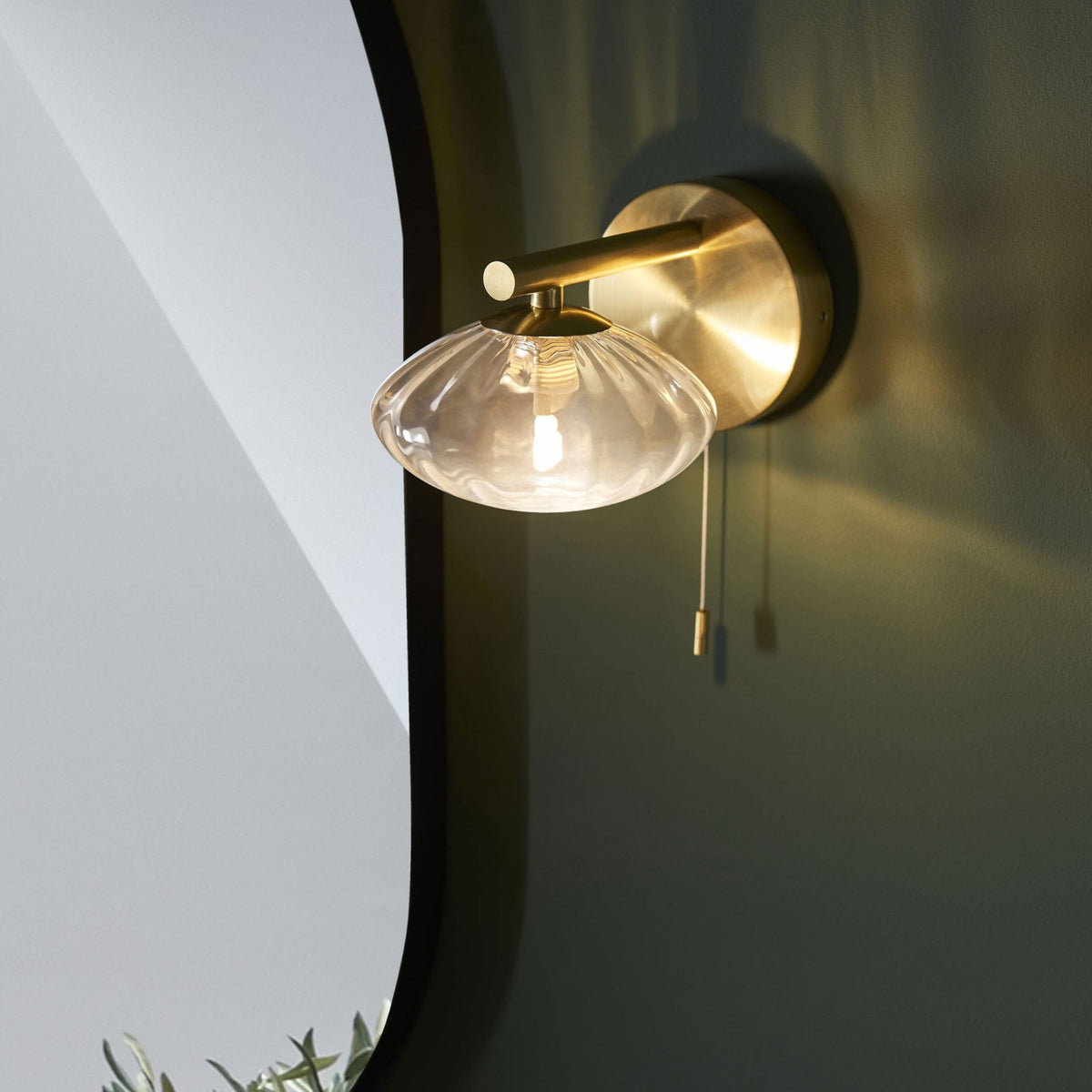 Mobias IP44 Switched Wall Light in Satin Brass & Clear Ribbed Glass
