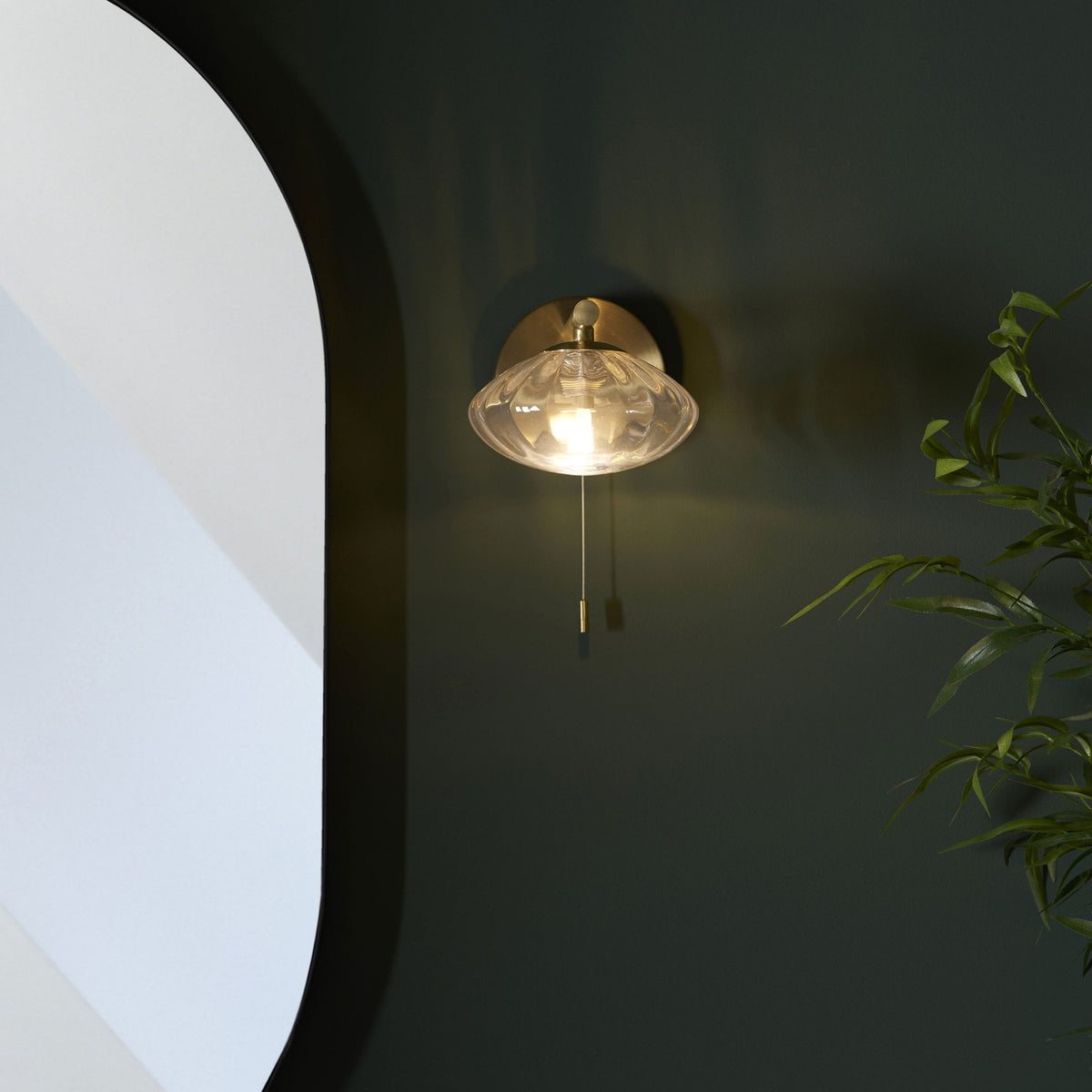 Mobias IP44 Switched Wall Light in Satin Brass & Clear Ribbed Glass