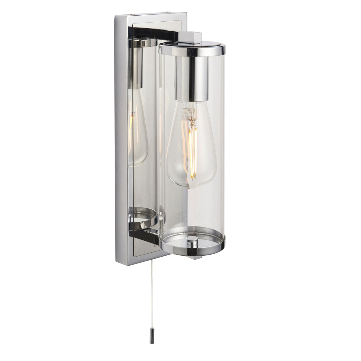 Single chrome wall light with a clear glass shade, exposed bulb, and a pull cord switch.