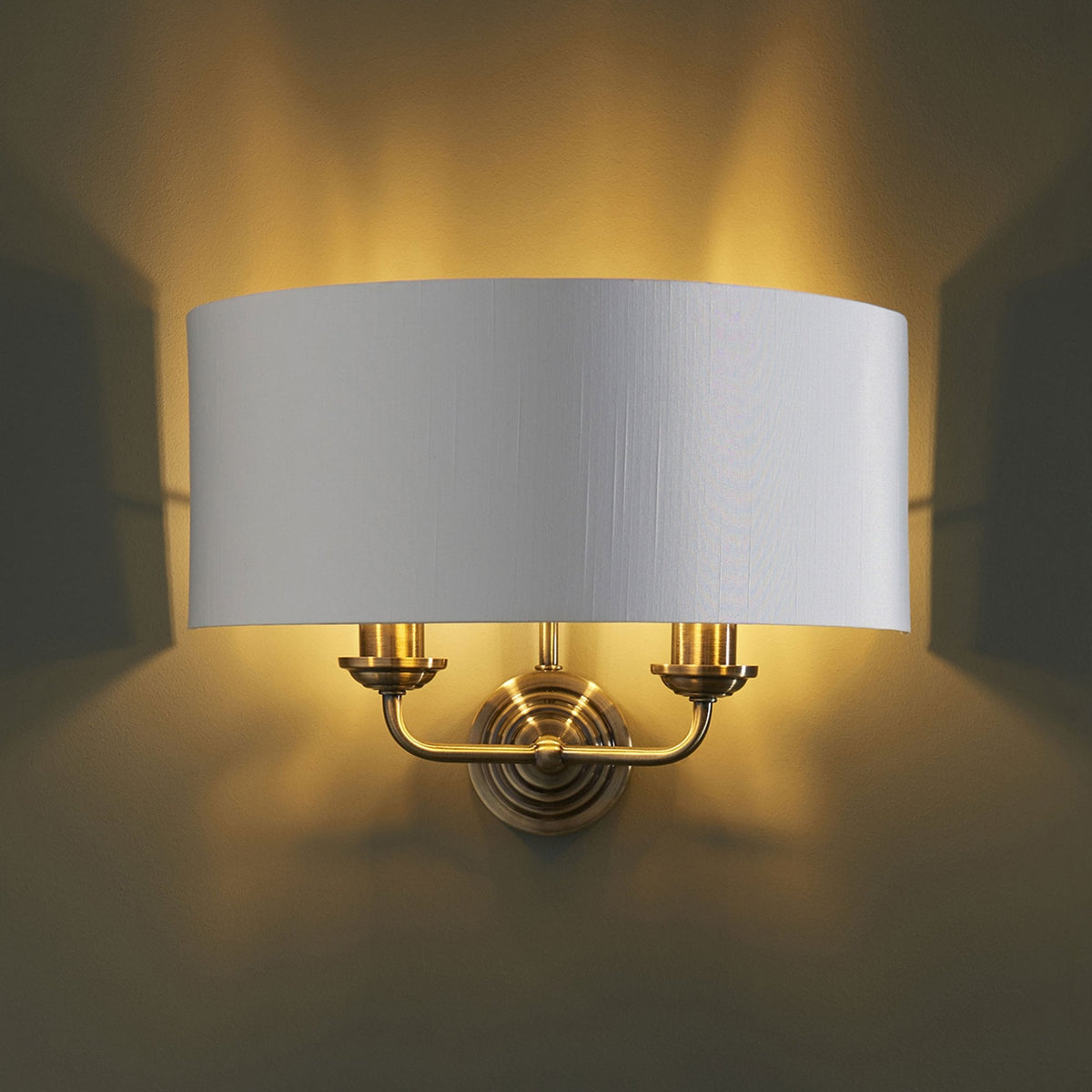 Highclere Twin Lamp Wall Light in Antique Brass with Vintage White Shade