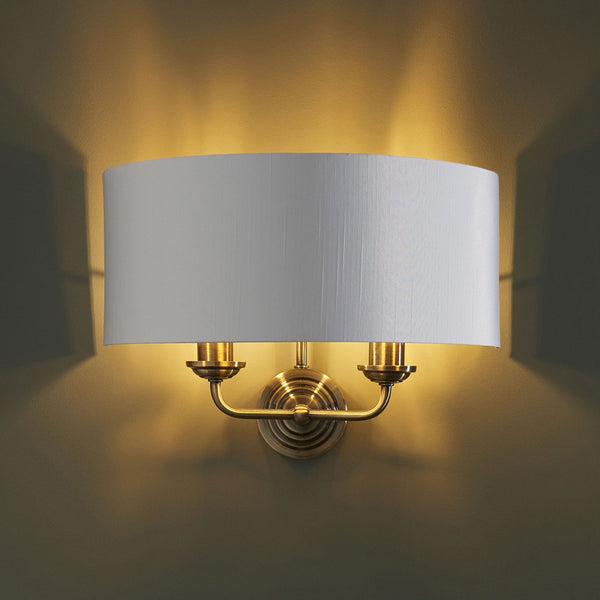 Highclere Twin Lamp Wall Light in Antique Brass with Vintage White Shade