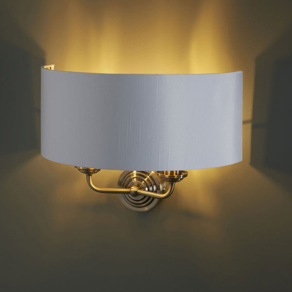Highclere Twin Lamp Wall Light in Antique Brass with Vintage White Shade