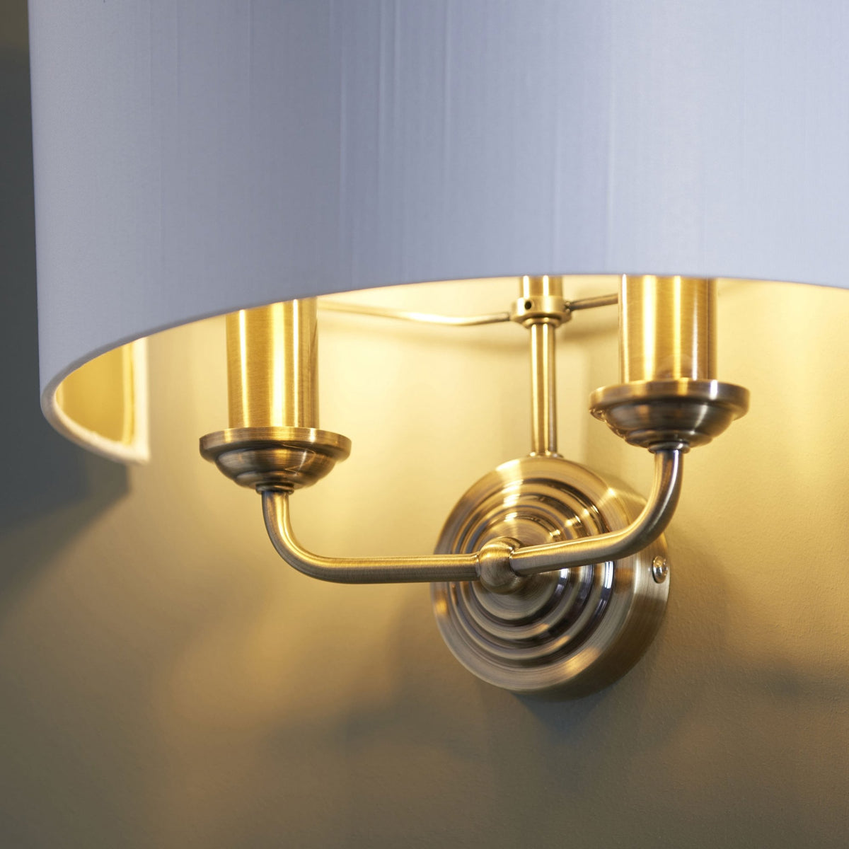 Highclere Twin Lamp Wall Light in Antique Brass with Vintage White Shade