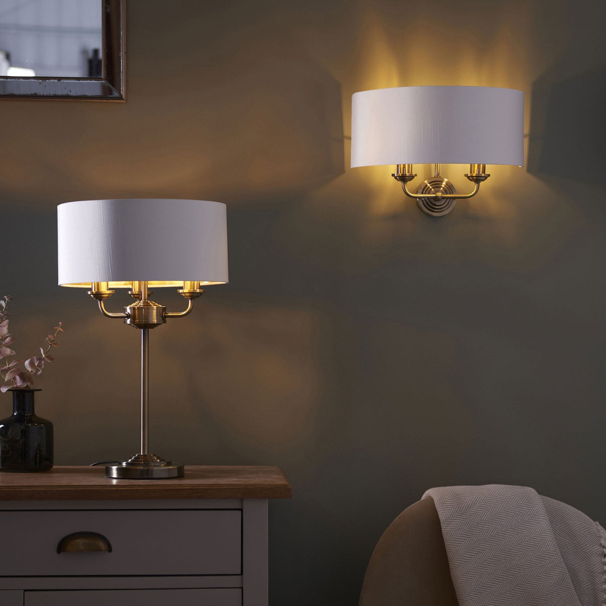 Highclere Twin Lamp Wall Light in Antique Brass with Vintage White Shade