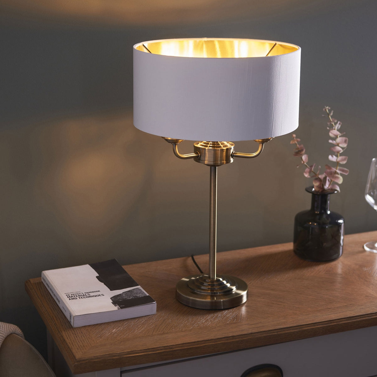 Highclere Three Light Table Lamp in Antique Brass with Vintage White Shade