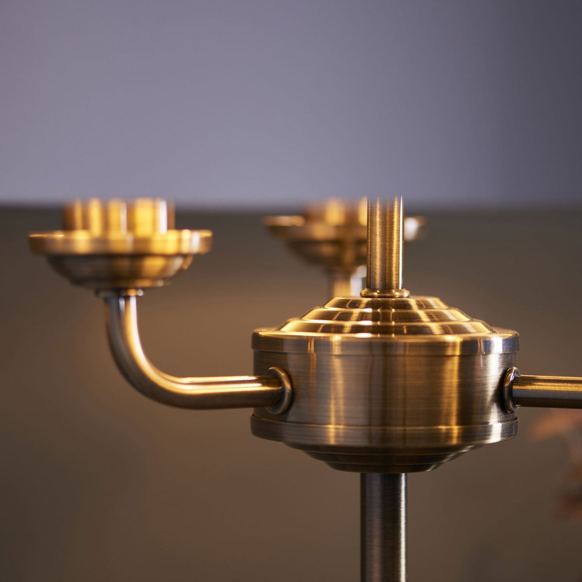 Highclere Three Light Table Lamp in Antique Brass with Vintage White Shade