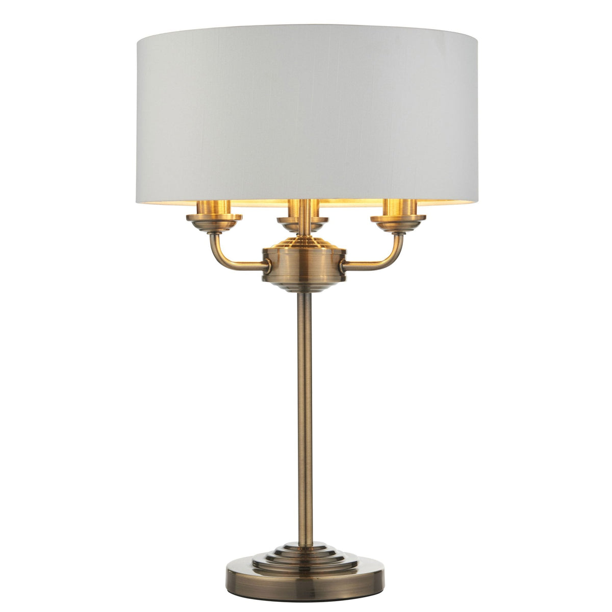 Highclere Three Light Table Lamp in Antique Brass with Vintage White Shade