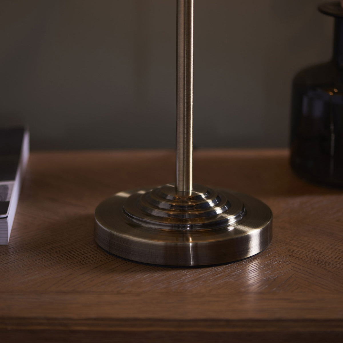 Highclere Three Light Table Lamp in Antique Brass with Vintage White Shade