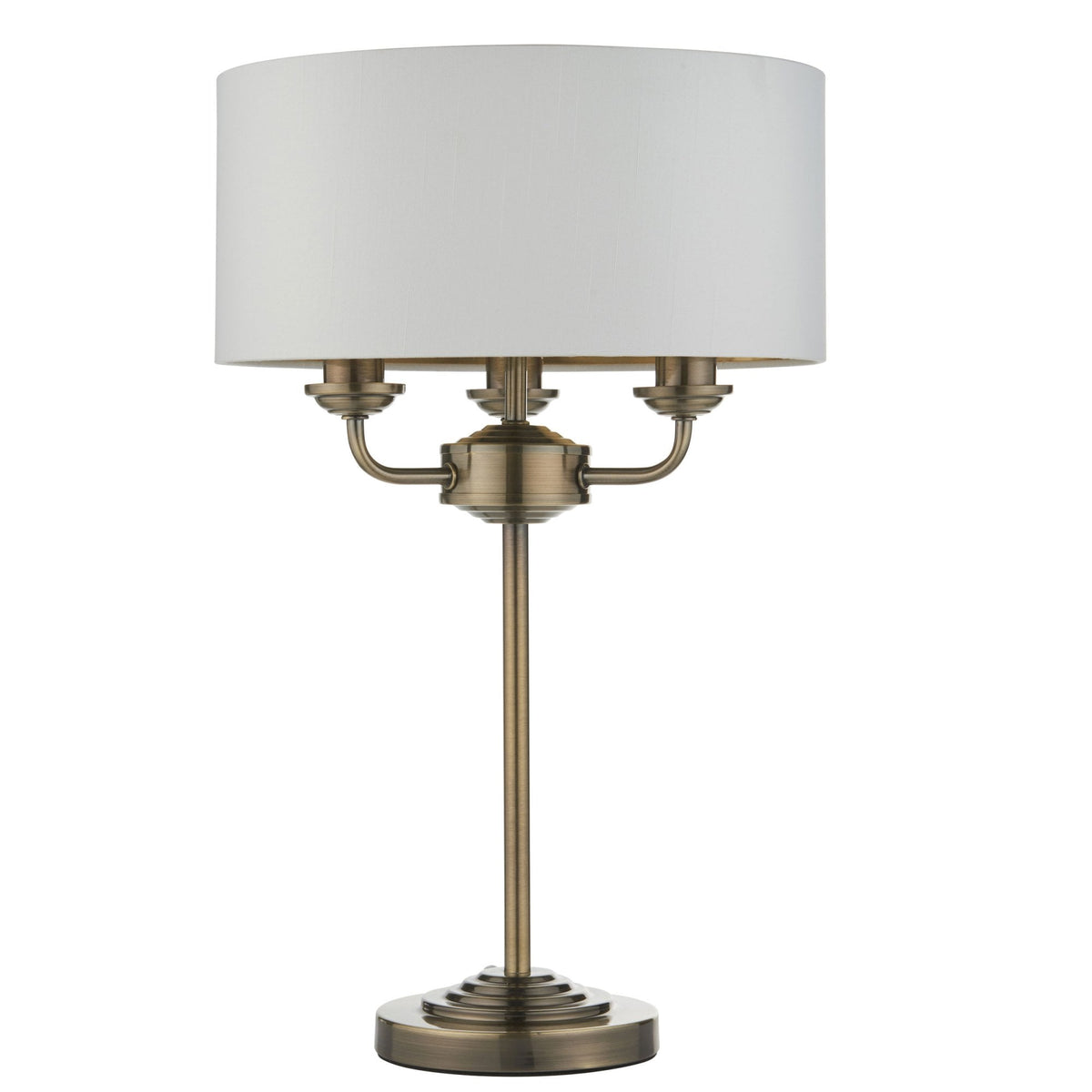 Highclere Three Light Table Lamp in Antique Brass with Vintage White Shade